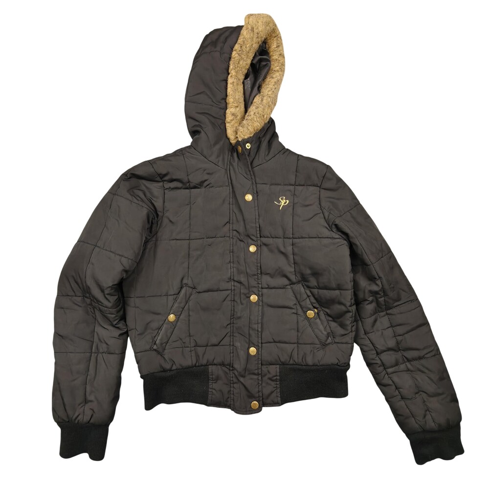 Vintage South Pole Jacket Womens Medium Black Puffer Hooded Fur Trim Quilted Y2K